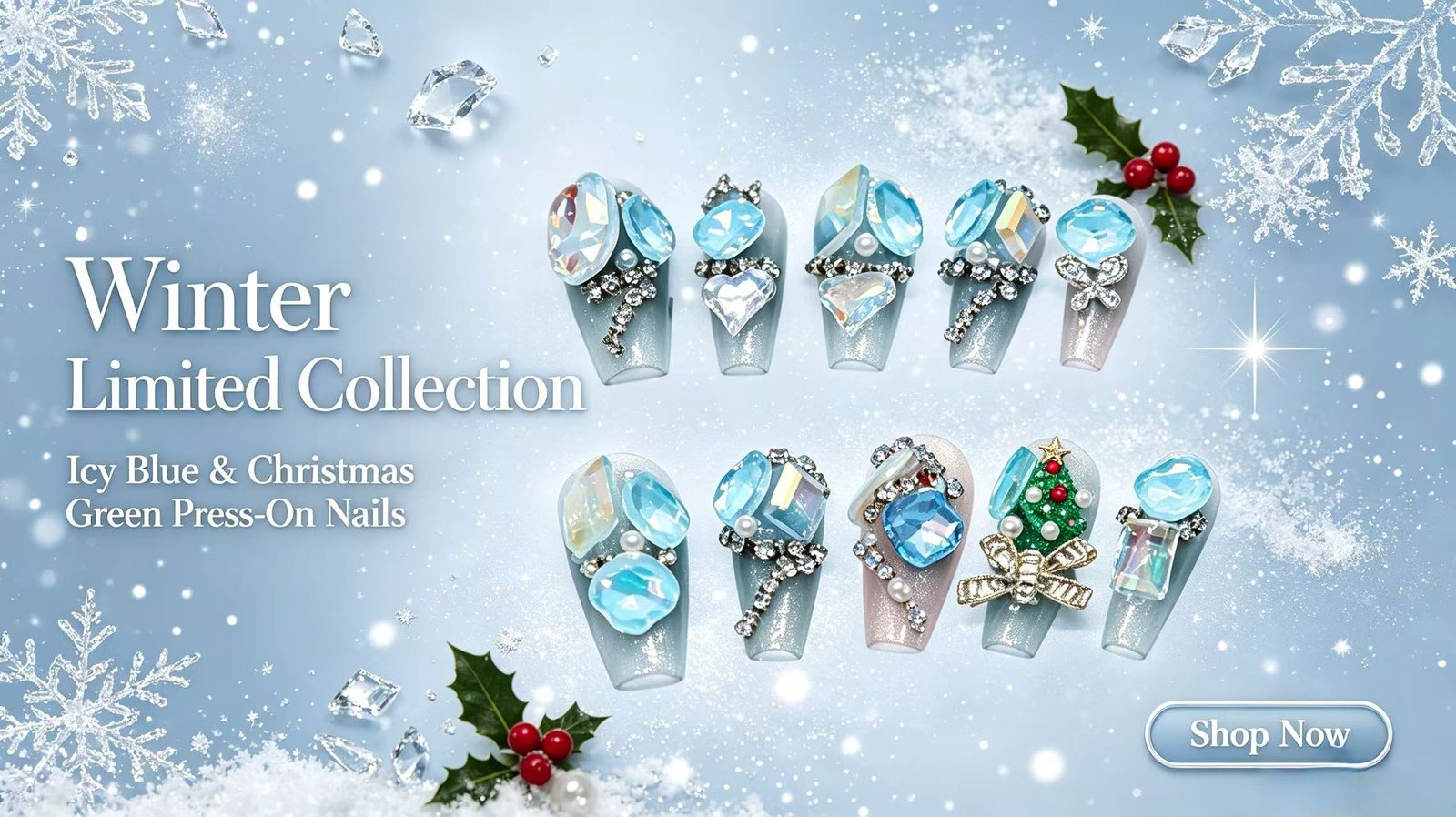 Winter limited collection icy blue crystal handmade press‑on nails wholesale 