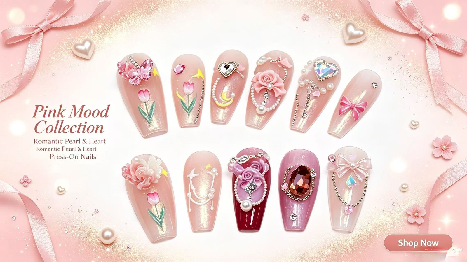 Pink mood romantic flower pearl handmade press‑on nails bulk supply 