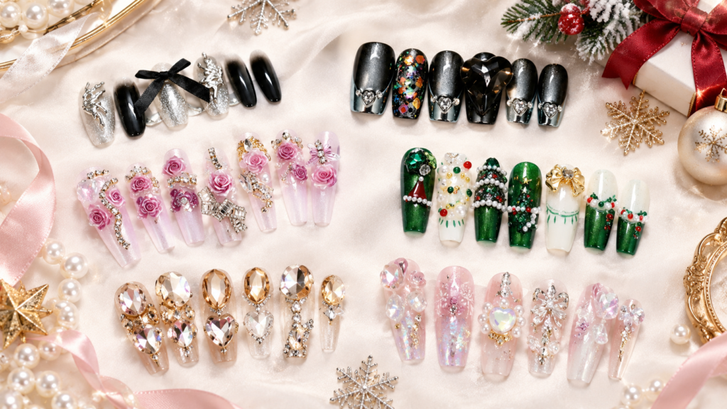 2026 seasonal themed press-on nail sets for US nail salon retail, holiday and seasonal nail art designs