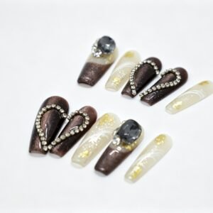 Hand‑made Brown Cat‑Eye Heart Rhinestone Coffin Press‑On Nails, gold foil bulk wholesale false nails