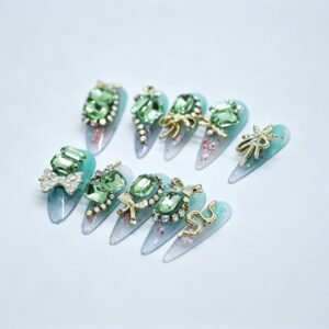 Hand‑made Mint‑Green Gradient Bow Snake Stiletto Press‑On Nails, mint blue‑green gradient with bow snake charm gem false nails bulk wholesale