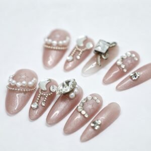 Hand‑made Nude Pink Moon Star Pearl Almond Press‑On Nails