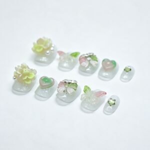 Hand‑made Green 3D Flower Butterfly Round Press‑On Nails, resin flower pearl bulk wholesale false nails
