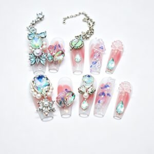 Hand‑made Pink Gradient Chain Crystal Coffin Press‑On Nails, dangling chain bulk wholesale false nails