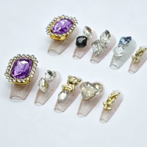 Hand‑made Luxury Mixed‑Shape Rhinestone Gold‑Hardware Coffin Press‑On Nails, nude base nails with big purple gem gold metal decor bulk wholesale
