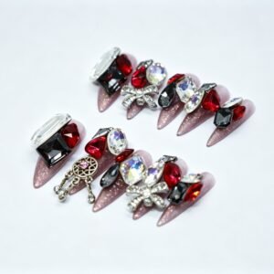 Hand‑made Red Black Crystal Stiletto Press‑On Nails, cross dreamcatcher charm bulk wholesale false nails