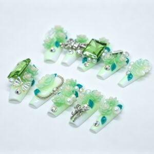 Hand‑made Mint‑Green 3D Floral Coffin Press‑On Nails, spring green resin flower false nails bulk wholesale