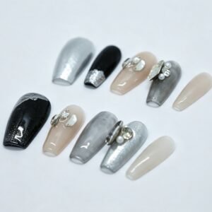Hand‑made Black Silver Metallic Marble Coffin Press‑On Nails, mirror silver smoky marble foil false nails bulk wholesale