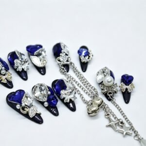 Hand‑made Royal Blue Dangling Chain Stiletto Press‑On Nails, black base nails with royal blue gem silver dangling chain bulk wholesale