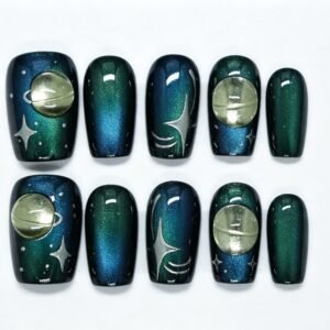 Hand‑made Galaxy Planet Cat‑Eye Almond Press‑On Nails, green blue galaxy cat eye nails with planet star decor bulk wholesale