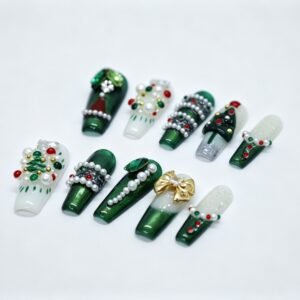 Hand‑made Christmas 3D Tree Pearl Coffin Press‑On Nails, holiday festive false nails bulk wholesale