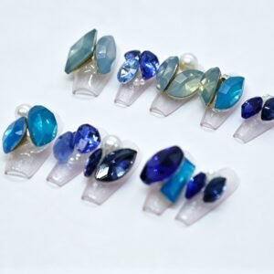 Hand‑made Gradient Sapphire Blue Rhinestone Coffin Press‑On Nails, blue gem pearl decorated false nails bulk wholesale