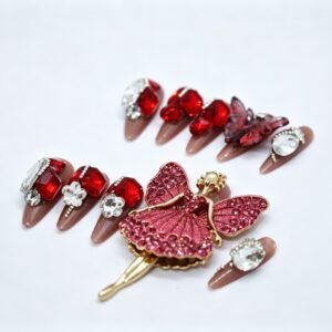 Handmade Ruby Red Fairy Dancer Almond Press‑On Nails, 3D fairy butterfly rhinestone bulk wholesale false nails