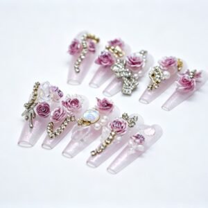 Hand‑made Lavender Purple 3D Rose Rhinestone Coffin Press‑On Nails, luxury floral false nails bulk wholesale