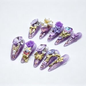 Handmade Purple Glitter 3D Rose Butterfly Stiletto Press‑On Nails, gold metal decor bulk wholesale false nails