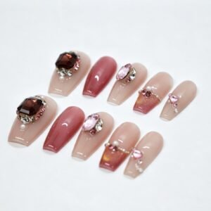 Hand‑made Pink Gradient Rhinestone Coffin Press‑On Nails, nude wine‑pink gradient nails with burgundy heart gems bulk wholesale