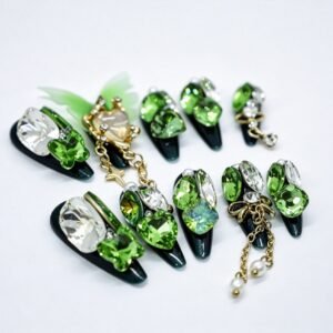 Hand‑made Dark‑Green Butterfly Tassel Chain Stiletto Press‑On Nails, dark green nails with 3D butterfly gold tassel chain bulk wholesale