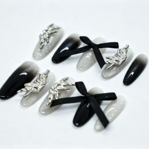 Handmade Black Silver Gradient Almond Press‑On Nails with 3D Fairy Charms and Black Ribbon Bows, bulk wholesale press on nails