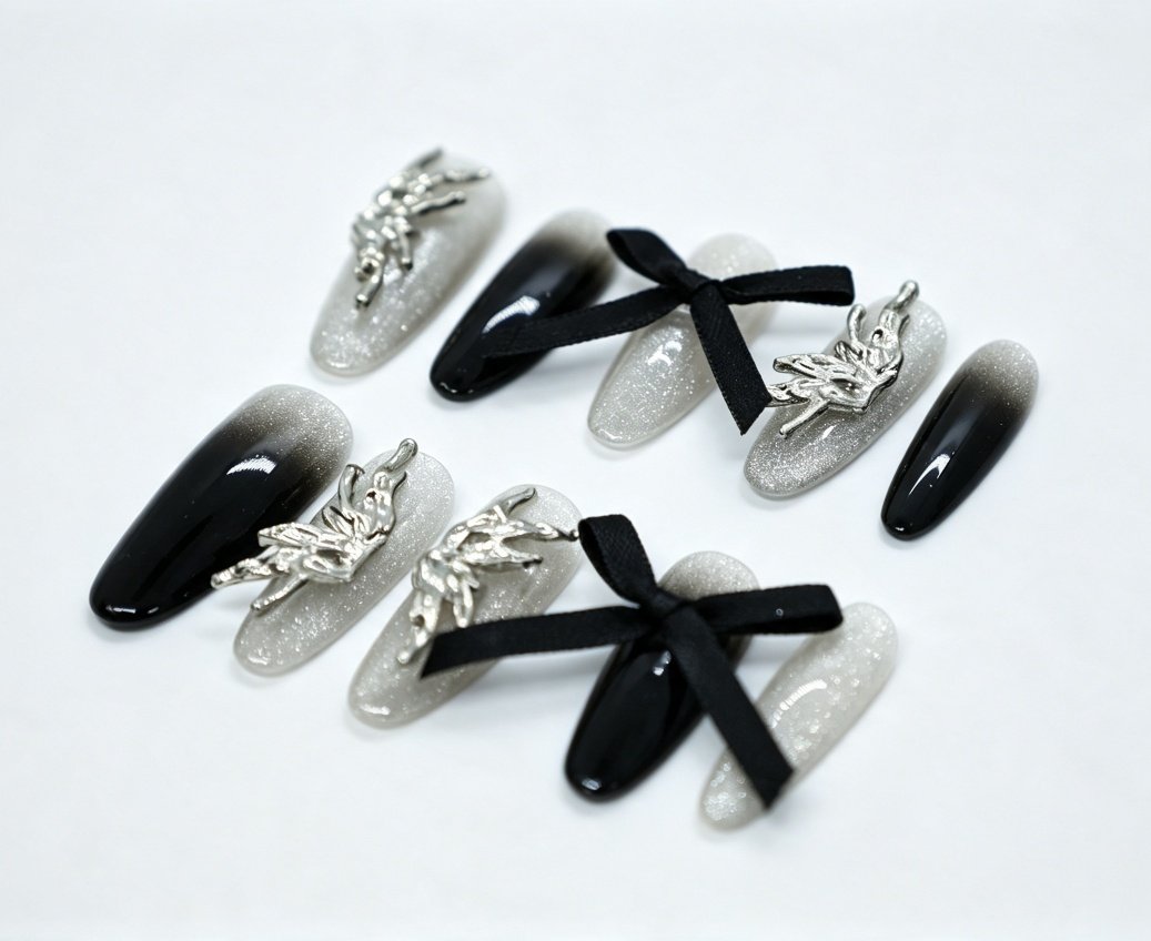 Hand‑made Black‑Silver Gradient Fairy Ribbon Almond Press‑On Nails