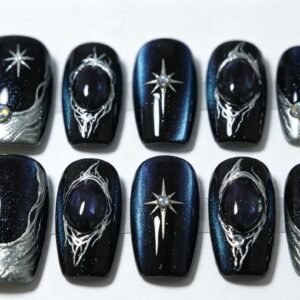 Hand‑made Dark Star Galaxy Round Press‑On Nails, galaxy cat‑eye gem bulk wholesale false nails