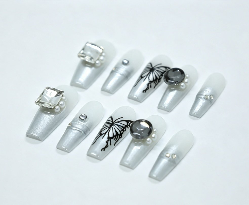 Hand‑made Silver‑White Gradient Black Butterfly Coffin Press‑On Nails