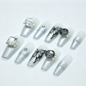 Hand‑made Silver‑White Gradient Black Butterfly Coffin Press‑On Nails, matte silver white gradient black butterfly crystal false nails bulk wholesale
