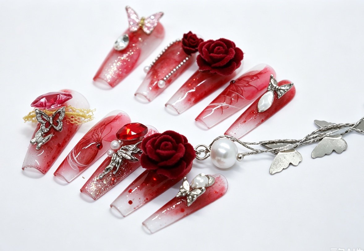 Hand‑made Blood‑Red Rose Butterfly Coffin Press‑On Nails