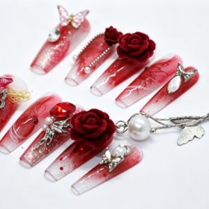 Hand‑made Blood‑Red Rose Butterfly Coffin Press‑On Nails, velvet rose tassel chain false nails bulk wholesale