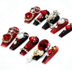 Hand‑made Red‑Black Luxury Rhinestone Coffin Press‑On Nails, goth gem decorated false nails bulk wholesale