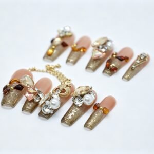 Hand‑made Retro Amber Gold Rhinestone Coffin Press‑On Nails, vintage autumn gem charm false nails bulk wholesale