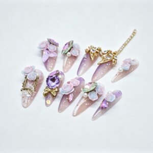 Hand‑made Purple Gradient 3D Rose Stiletto Press‑On Nails, lavender purple 3D rose gold chain false nails bulk wholesale