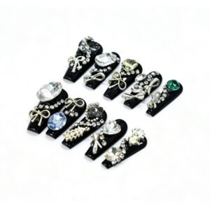 Hand‑made Dark Emerald Black Chain Coffin Press‑On Nails, dark emerald green black with crystal silver chain false nails bulk wholesale