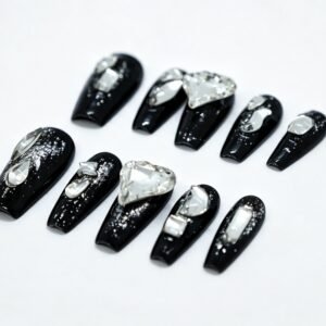 Hand‑made Black Glitter Mixed‑Stone Stiletto Press‑On Nails, black glitter multi‑shape crystal false nails bulk wholesale