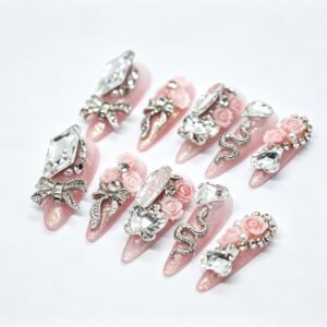 Hand‑made Pink Glitter Rose Snake Rhinestone Almond Press‑On Nails, 3D rose snake charm bulk wholesale false nails