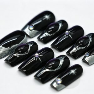Hand‑made Purple Cat‑Eye Mystic Eye Coffin Press‑On Nails, hand painted dark mystery false nails bulk wholesale