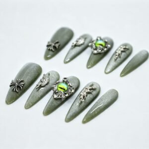 Hand‑made Moss‑Green Cat‑Eye Evil‑Eye Gothic Metal Stiletto Press‑On Nails, moss green cat‑eye nails with evil‑eye goth metal decor bulk wholesale