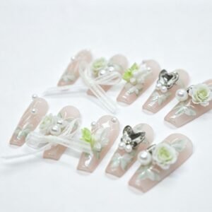 Hand‑made Nude‑Pink 3D Green‑White Floral Lace Bow Coffin Press‑On Nails, nude pink nails with 3D flower lace bow pearl decor bulk wholesale