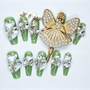 Handmade Green Ballet Dancer Rhinestone Coffin Press‑On Nails, gold ballerina charm bulk wholesale false nails