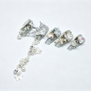 Hand‑made Silver Angel Wing Tassel Coffin Press‑On Nails, dangling chain charm false nails bulk wholesale