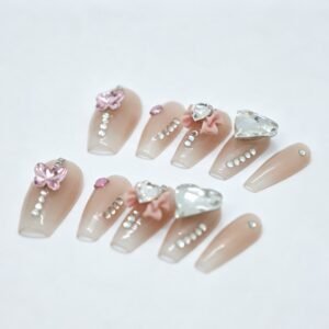 Nude Pink Butterfly & Heart Rhinestone Almond Press‑On Nails, 3D butterfly fabric bow bulk wholesale false nails