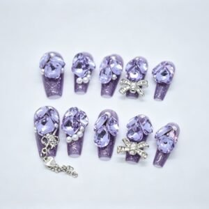 Purple Glitter Hand‑made 3D Crystal Bow Chain Coffin Press‑On Nails, 3D bow dangling chain bulk wholesale false nails