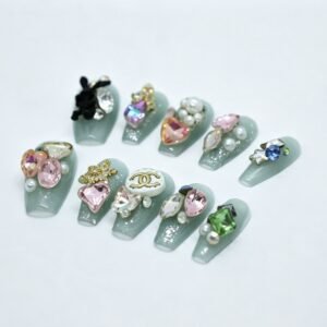 Hand‑made Mint Glitter Cartoon Charms Coffin Press‑On Nails, mint green glitter cute rabbit heart crystal false nails bulk wholesale