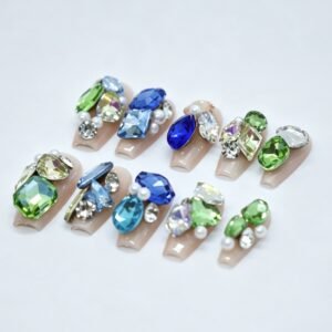 Hand‑made Nude Base Multicolor Gem Coffin Press‑On Nails, nude nails with sapphire blue emerald green mixed crystals bulk wholesale