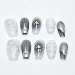 Hand‑made Silver‑Grey Gradient Mermaid Aurora Coffin Press‑On Nails, silver grey smoke gradient aurora mermaid shell false nails bulk wholesale