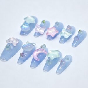 Handmade Baby‑Blue 3D Star Moon Bunny Almond Press‑On Nails, butterfly charm bulk wholesale false nails