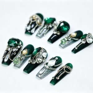 Handmade Emerald Green Rhinestone Tassel Coffin Press‑On Nails, pearl tassel charms bulk wholesale false nails