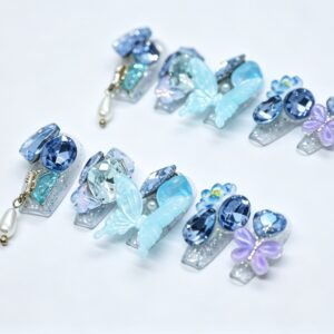 Hand‑made Blue Fairy Butterfly Coffin Press‑On Nails, 3D blue butterfly chain pendant false nails bulk wholesale
