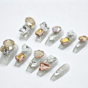 Hand‑made Champagne Mixed Large Rhinestone Coffin Press‑On Nails, luxury bling artificial false nails bulk wholesale