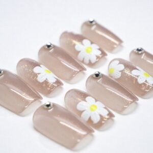 Hand‑painted Daisy Nude Squoval Press‑On Nails, white daisy flower silver rhinestone bulk wholesale false nails