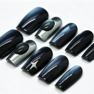Handmade Dark‑Blue Cat‑Eye Star Squoval Press‑On Nails, silver star design bulk wholesale false nails